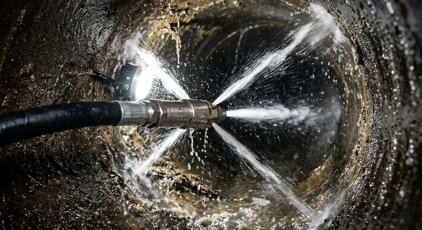 High-pressure hydro jetting nozzle cleaning sewer pipe for Trenchless Sewer Repair in Prairie Village