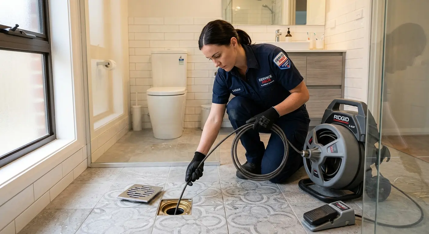 Technician clearing a bathroom floor drain for Drain Repair in Prairie Village